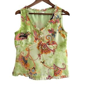 Vintage Y2K 90s Laura Petites Lime Green Paisley Lace Up Ruffle Blouse Top